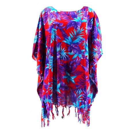 Tunique Femme rouge, bleu, violet motifs fleurs tropical