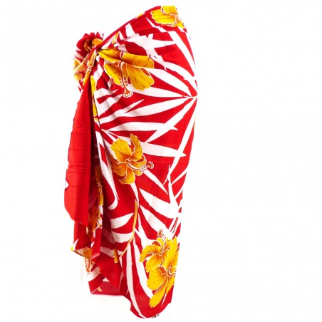 Paréo rouge grand feuillage et hibiscus