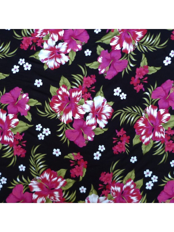 Tissu noir et rose hibiscus TE MAHANA 100% viscose