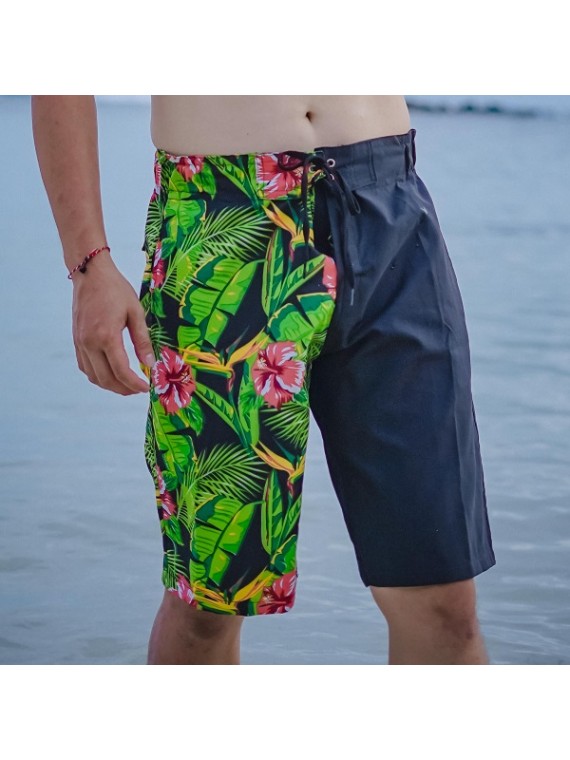 Bermuda homme Noir imprimé Hibiscus rouge