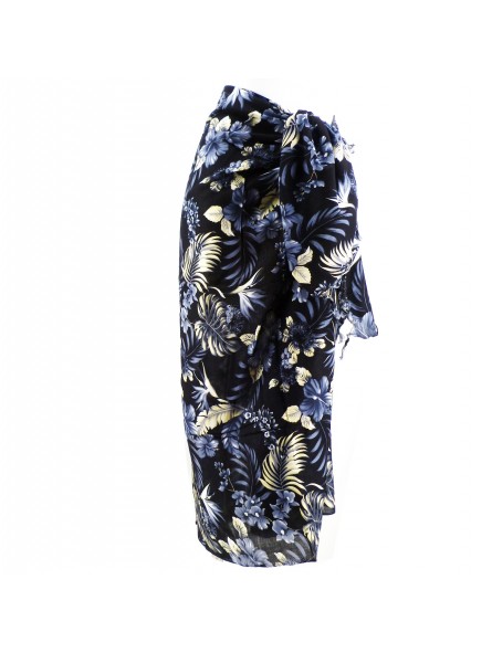 Paréo noir motifs fleurs tropicals gris