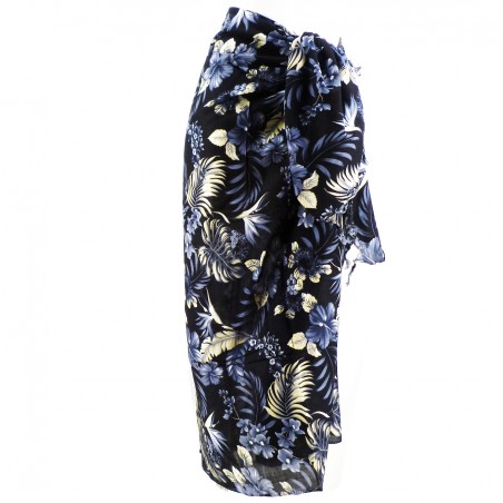 Paréo noir motifs fleurs tropicals gris