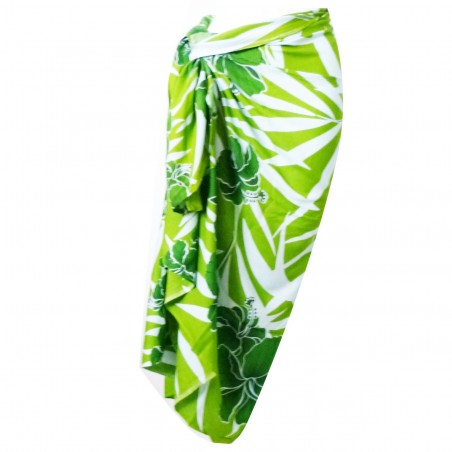 Paréo vert et blanc grand feuillage et hibiscus