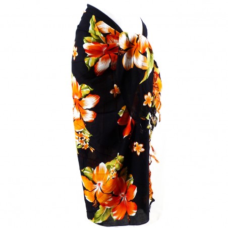 Paréo noir et orange motif hibiscus