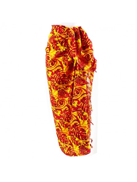 Paréo couleur jaune motif feuillage rouge