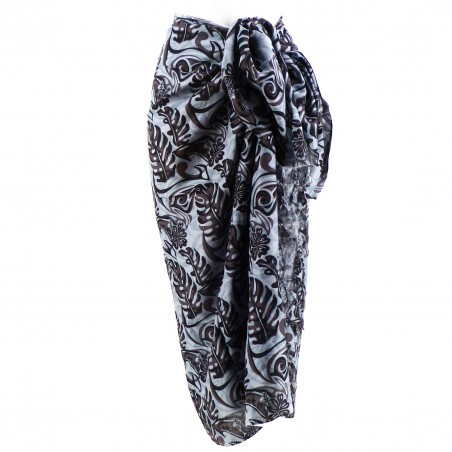 Paréo gris imprimé feuillage tropical noir