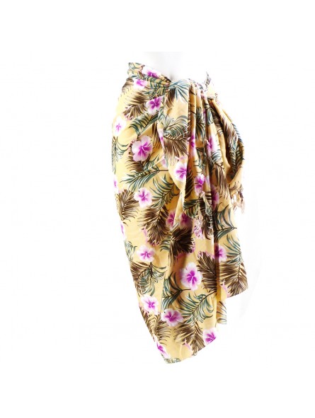 Paréo couleur pêche motifs imprimés petits hibiscus