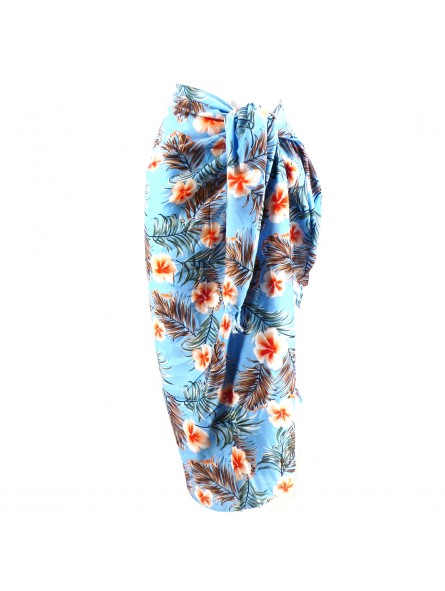 Paréo couleur bleu motifs petit hibiscus