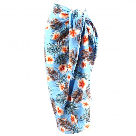 Paréo couleur bleu motifs petit hibiscus