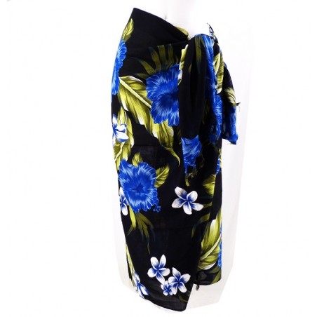 Paréo noir et bleu motifs fleurs hibiscus