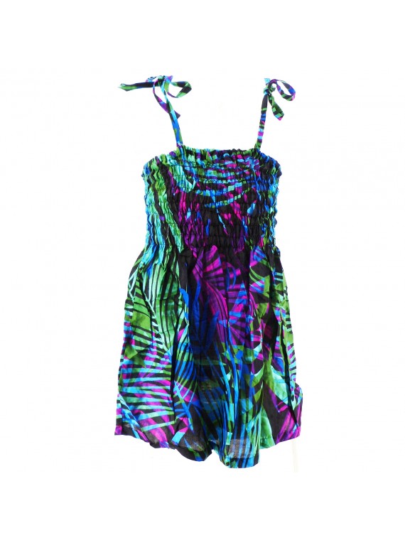 robe enfant couleur  violet et vert motifs feuiillage tropical
