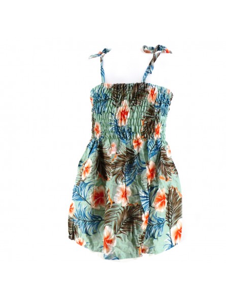 robe enfant couleur  verte motifs  petits hibiscus