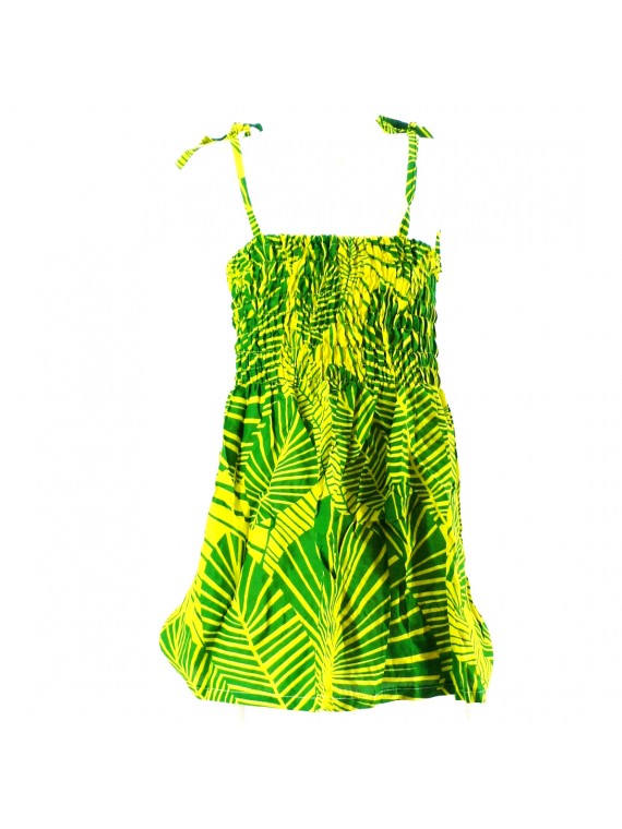 robe enfant couleur jaune et vert motif feuillage tropical stylisé