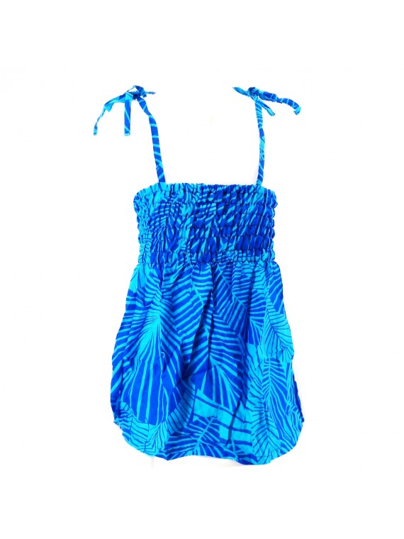 robe enfant couleur bleu motif feuillage tropical stylisé
