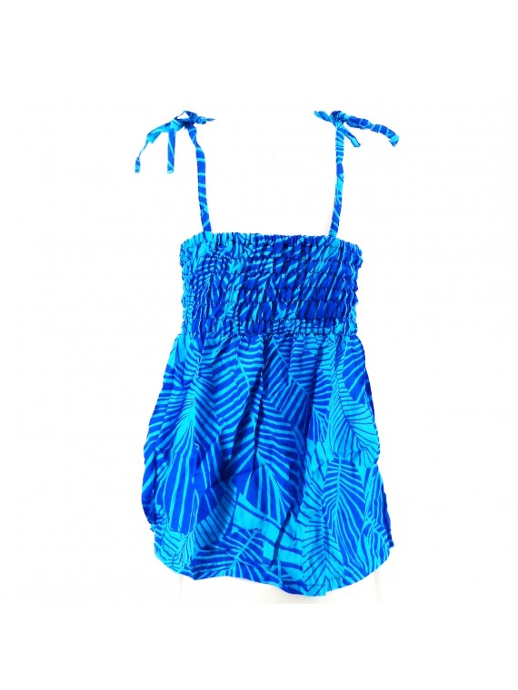 robe enfant couleur bleu motif feuillage tropical stylisé