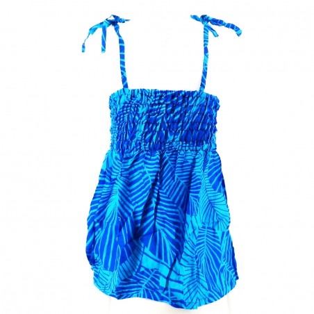 robe enfant couleur bleu motif feuillage tropical stylisé