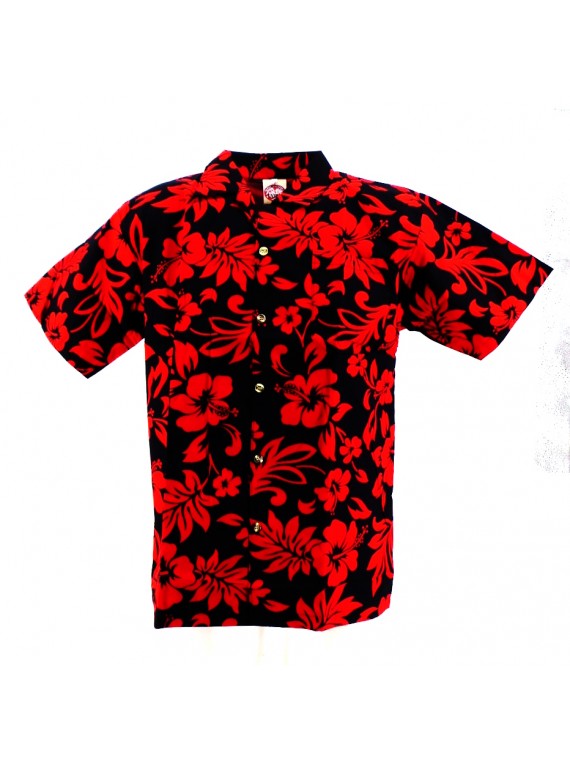 Chemise Hawaïenne 14/16 ans noire hibiscus rouge