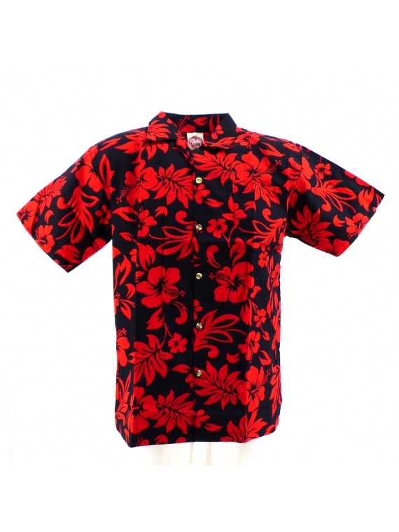 Chemise Hawaïenne 14/16 ans noire hibiscus rouge