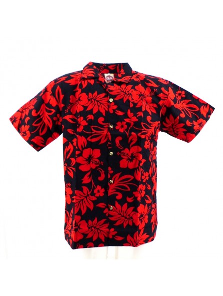 Chemise Hawaïenne 14/16 ans noire hibiscus rouge