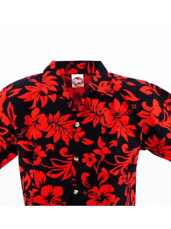 Chemise Hawaïenne 14/16 ans noire hibiscus rouge