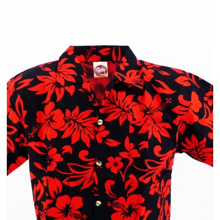 Chemise Hawaïenne 14/16 ans noire hibiscus rouge