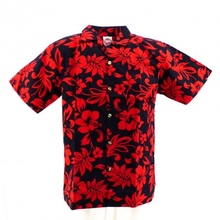 Chemise Hawaïenne enfant noire hibiscus rouge