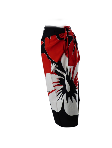 Paréo Noir, rouge, blanc, gros hibiscus