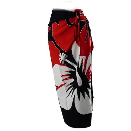 Paréo Noir, rouge, blanc, gros hibiscus