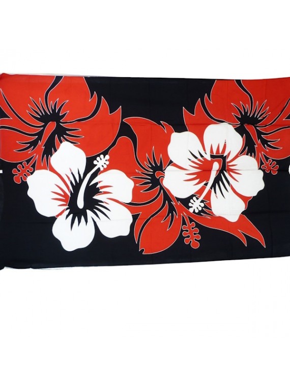 Paréo Noir, rouge, blanc, gros hibiscus