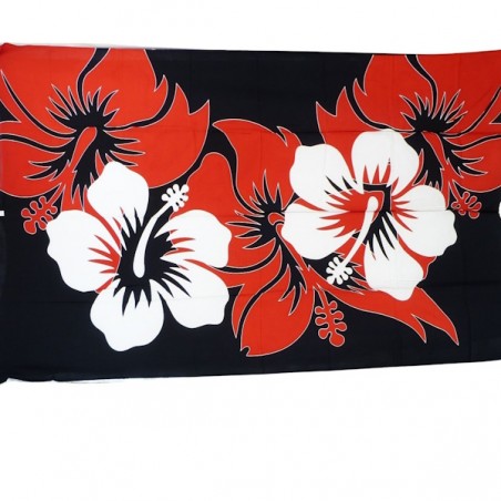 Paréo Noir, rouge, blanc, gros hibiscus