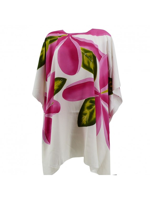 Tunique femme ample blanche avec motifs fleurs Frangipanes rose