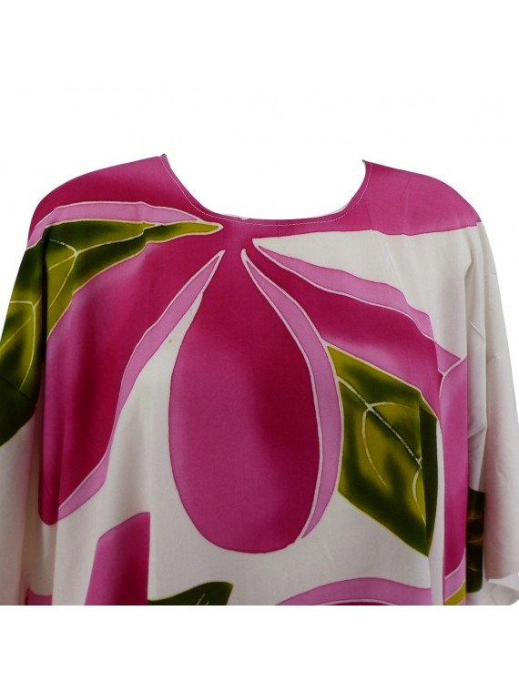 Tunique femme ample blanche avec motifs fleurs Frangipanes rose