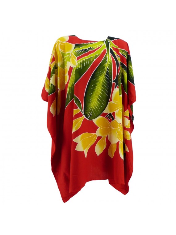 Tunique ample femme couleur rouge avec fleurs frangipane jaune et blanche