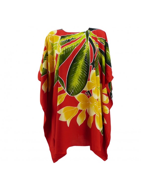 Tunique ample femme couleur rouge avec fleurs frangipane jaune et blanche