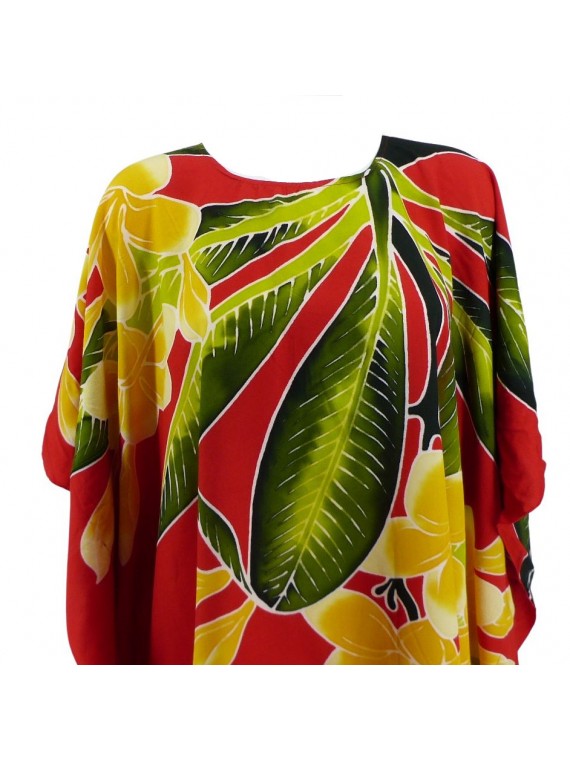 Tunique ample femme couleur rouge avec fleurs frangipane jaune et blanche
