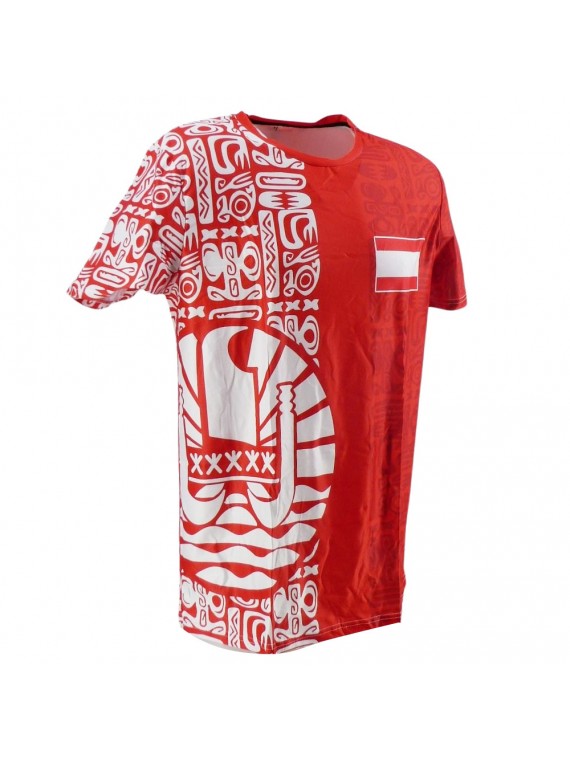 T-shirt rouge motif Tatouage et drapeau Tahitien