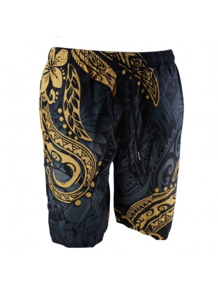 Short de bain homme Noir motifs Tatouage Polynesien