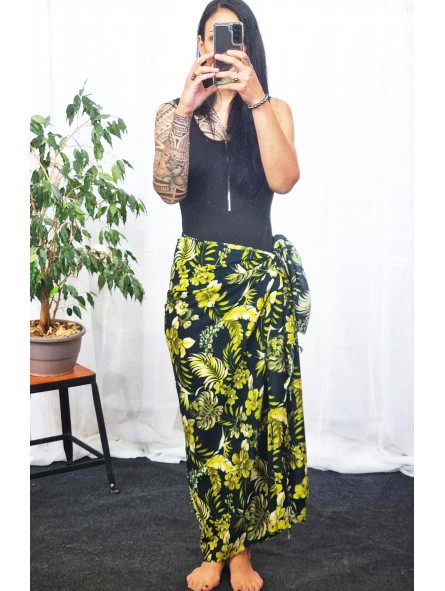 Paréo noir couleur vert et or motif floral