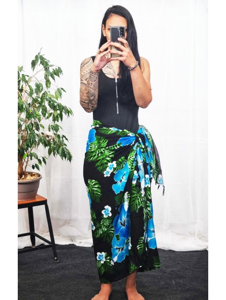 Paréo noir motifs hibiscus bleu