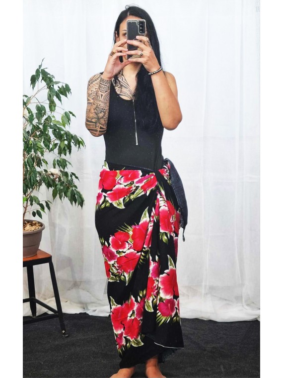 Paréo Noir et rouge hibiscus line