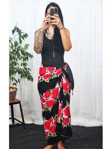 Paréo Noir et rouge hibiscus line