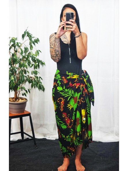 paréo noir et vert hibiscus et margouillat