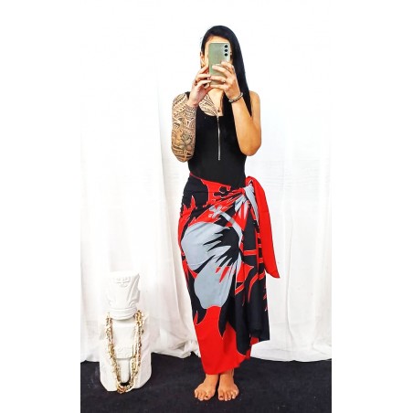Paréo Noir rouge gris gros hibiscus