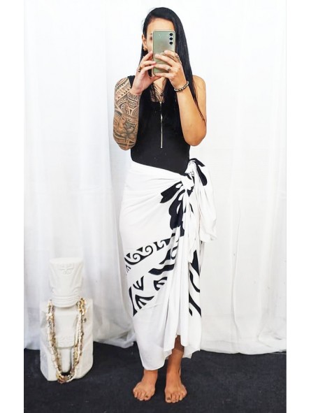 Paréo blanc double frise tattoo hibiscus