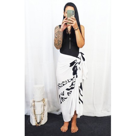 Paréo blanc double frise tattoo hibiscus