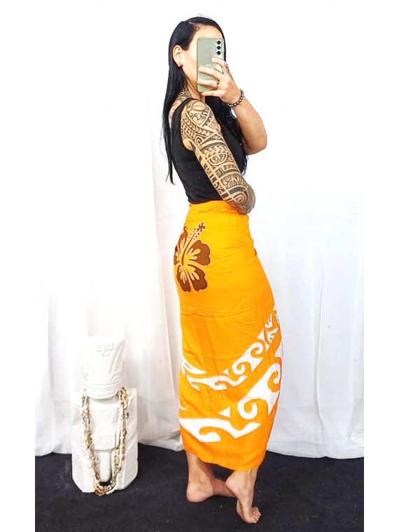 Paréos orange double frise tattoo hibiscus