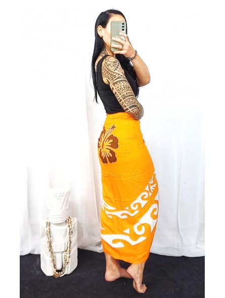 Paréos orange double frise tattoo hibiscus