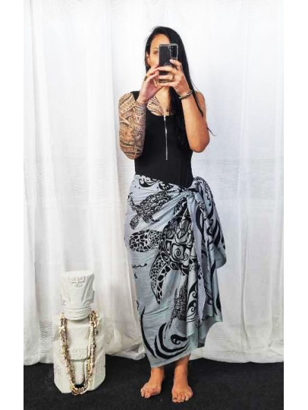 Paréo Gris tatouage tortue mandala