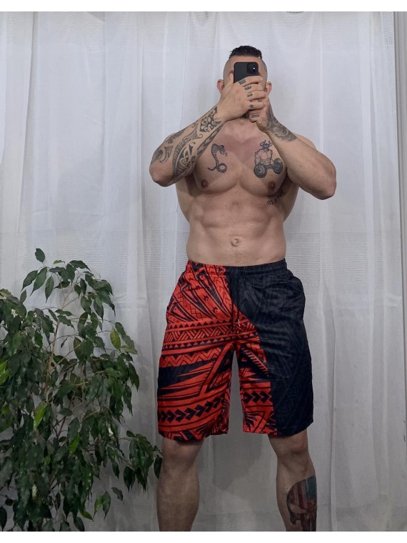 Short de bain homme Rouge et Noir motifs Tatouage maori