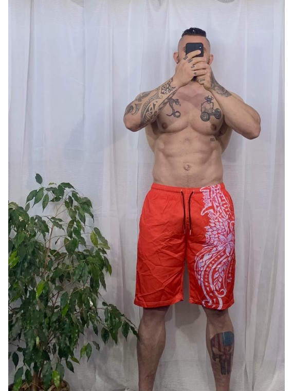Short de bain homme Rouge imprimé tatouage polynesien